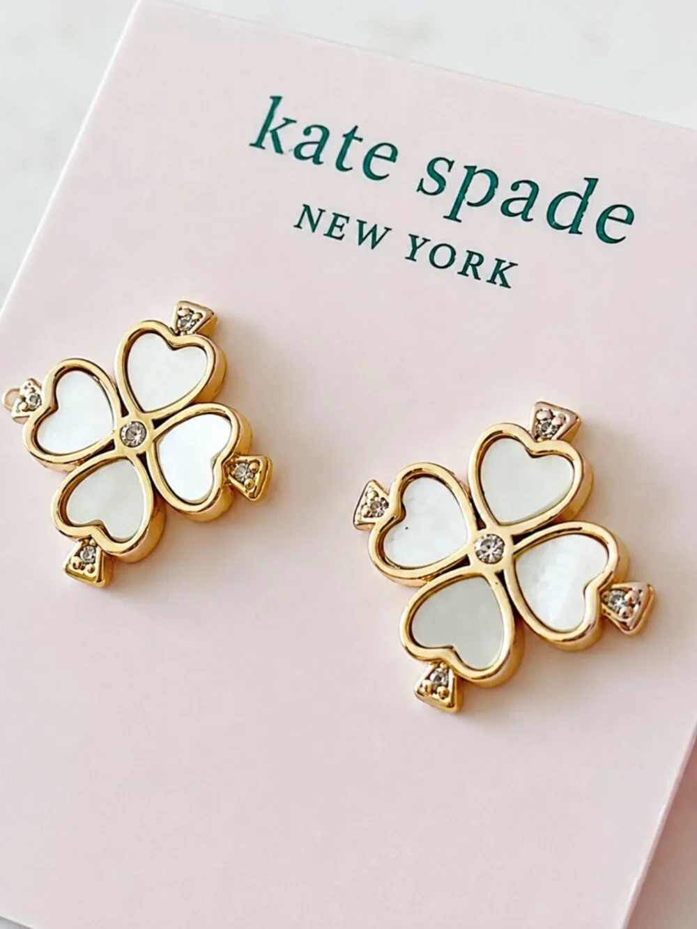 Kate Spade Gold Four Leaf Clover Heart Crystal Stud Earrings Mother of Pearl